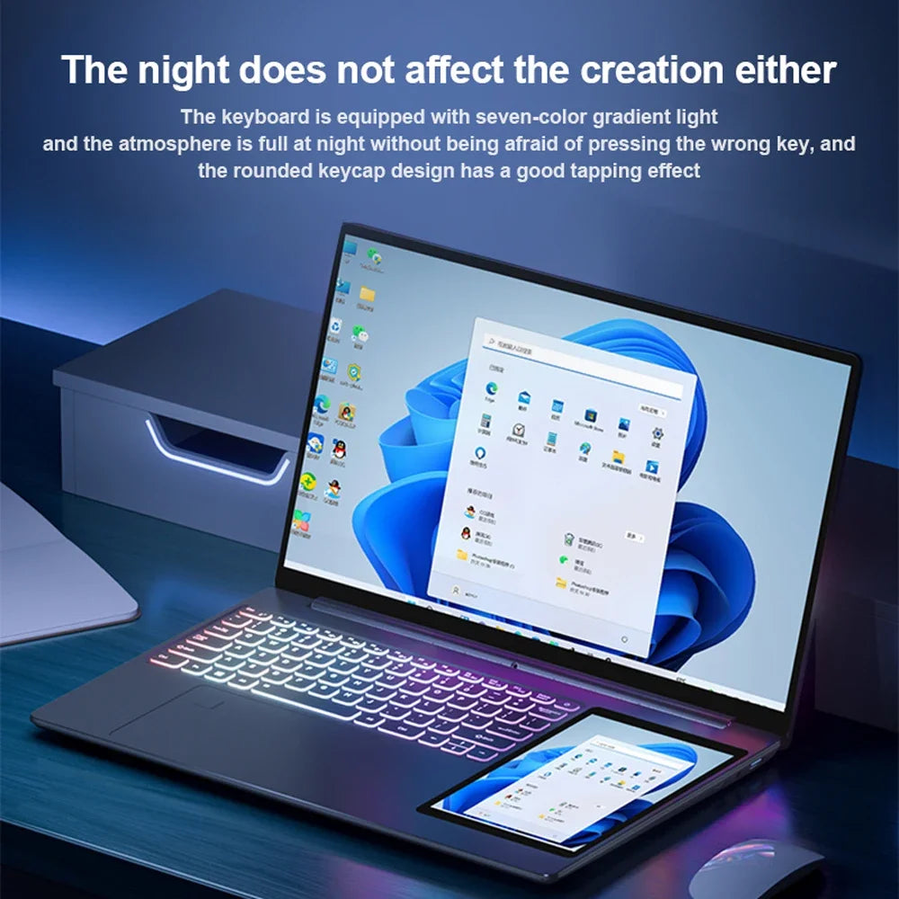 The first Dual Screen Laptop 15.6-inch+7-inch Touch Screen 2K HD Screen Windows11 Intel 11th Generation N95 RAM 16G SSD Computer
