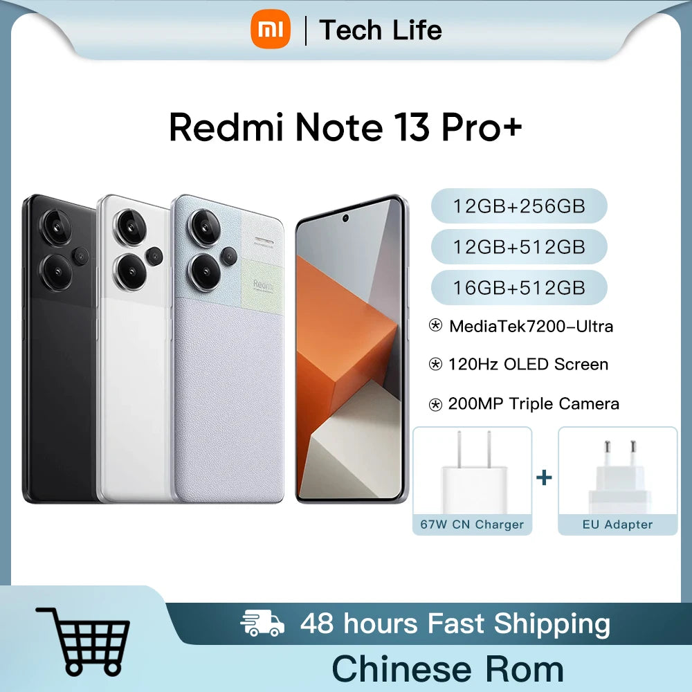 Chinese Rom Xiaomi Redmi Note 13 Pro+ 5G 6.67" 1.5K 120Hz MediaTek7200-Ultra 5000mAh Battery 120W Fast Charging 200 MP