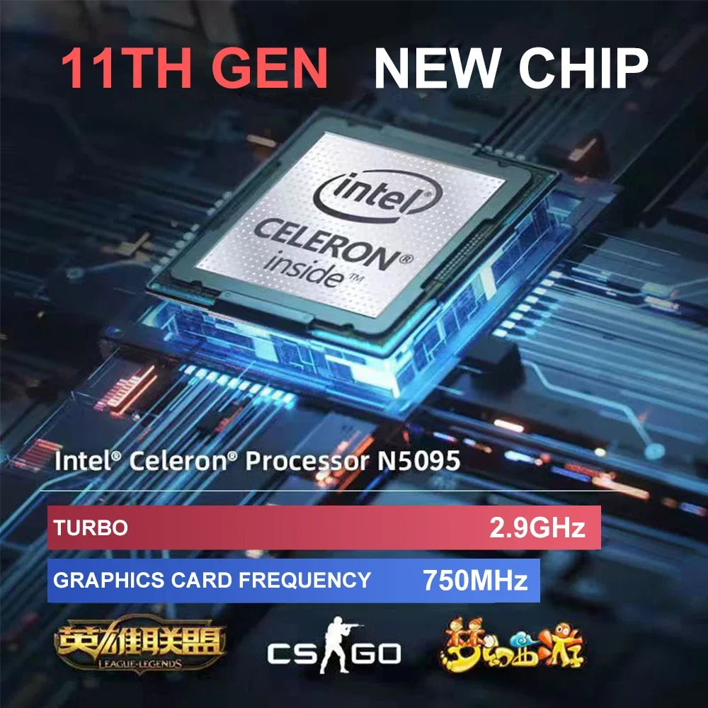 15.6-inch IPS Screen 16GB RAM 256GB SSD Intel Celeron 11th N5095 Business Netbook Windows 10 11 Pro Gaming Notebook Portable