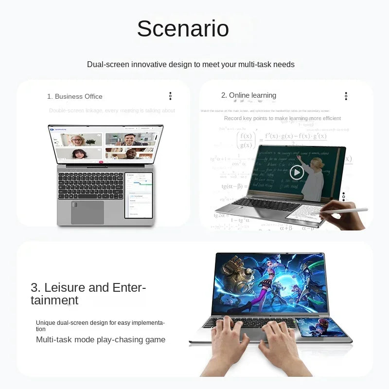 HUAV 2024 Dual Screen Laptop 15.6 Inch IPS + 7'' Touch Intel Celeron N5095 Max 16G DDR4 2T SSD Slim Office Notebook PC Computer